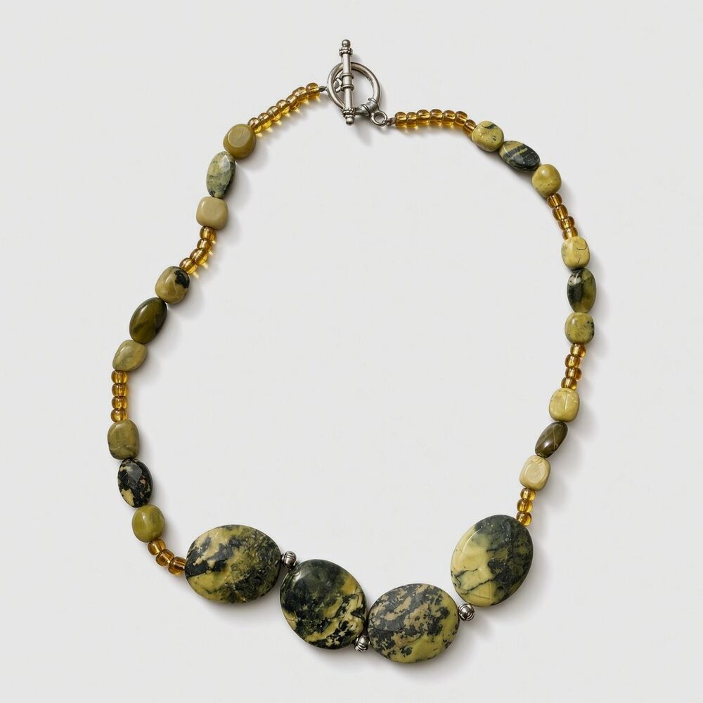 Yellow Green Serpentine Bead Necklace Toggle Clasp Amber Accents Statement